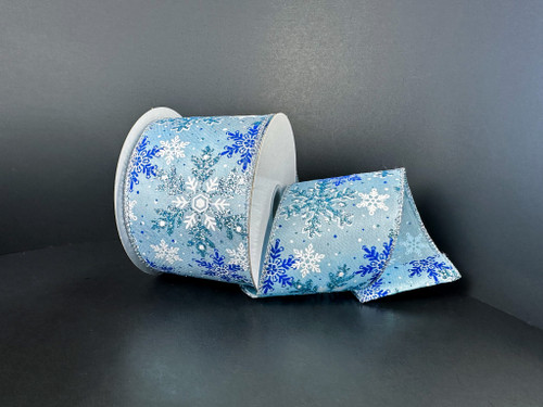 Light Blue & Glitter Royal Blue Snowflake Wired Ribbon 2.5"