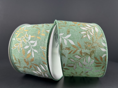 Mint Green & Gold Glitter Leaf Vine Wired Ribbon 2.5"
