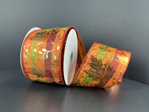 Metallic Rust Autumn Leaves Plaid Wired Ribbon 2.5"