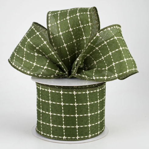 Moss Green & Cream Plaid Wired Ribbon 2.5"