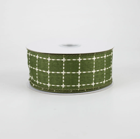 Moss Green & Cream Plaid Wired Ribbon 1.5"