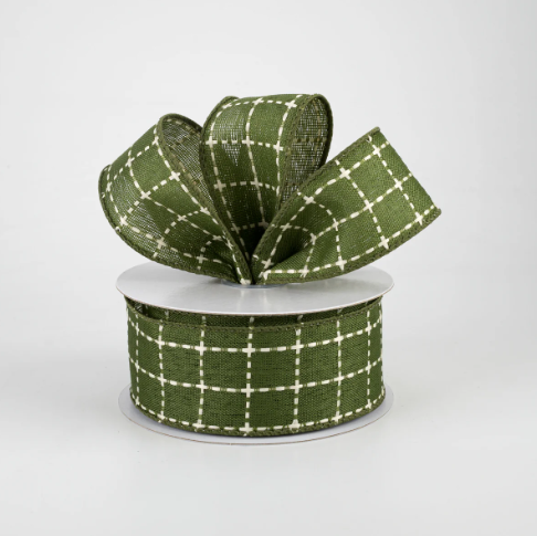 Moss Green & Cream Plaid Wired Ribbon 1.5"