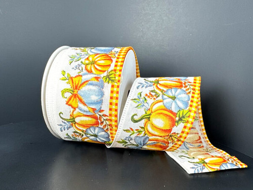 Ivory Pumpkin & Blue Accent Bows Linen Wired Ribbon 2.5"