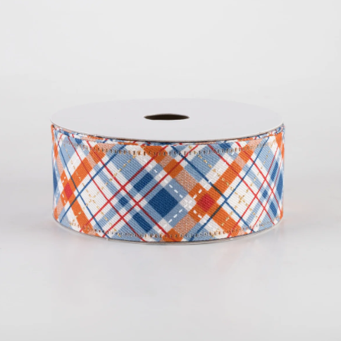 Rust Orange & Blue Argyle Plaid Linen Wired Ribbon 1.5"