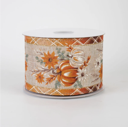 Pumpkins & Pampas Grass Plaid Border Wired Ribbon 2.5"