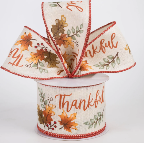 Ivory "Thankful" Leaves & Garland Linen Wired Ribbon 2.5"