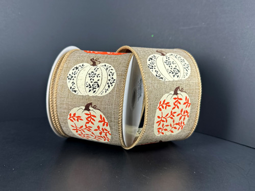Natural Fancy Patterned Pumpkins Linen Wired Ribbon 2.5"