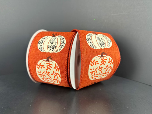 Rust Orange Fancy Patterned Pumpkins Linen Wired Ribbon 2.5"