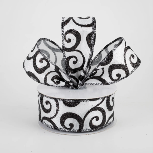 Black & White Ultra Glitter Swirls Wired Ribbon 1.5"