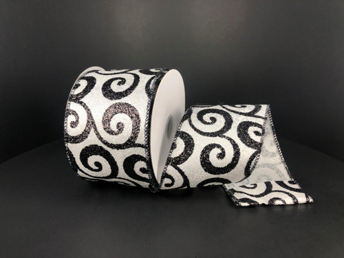 Black & White Ultra Glitter Swirls Wired Ribbon 2.5"