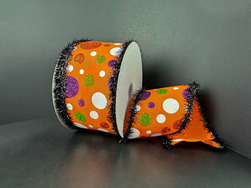 Orange Glitter Polka Dots Tinsel Edge Wired Ribbon 2.5"