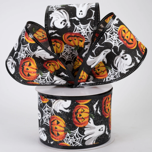 Black Glittered Ghosts & Pumpkins Wired Ribbon 2.5"
