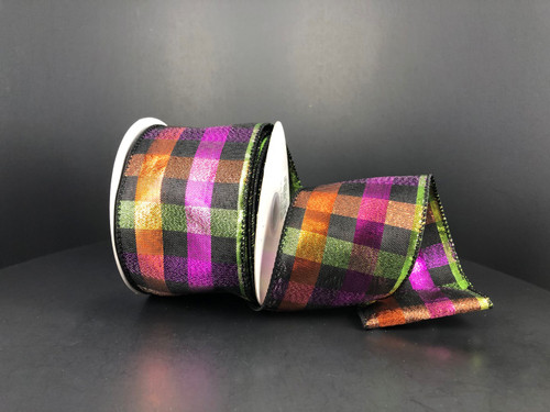 Metallic Halloween Square Check Wired Ribbon 2.5"