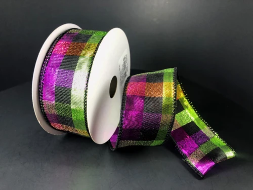 Metallic Halloween Square Check Wired Ribbon 1.5"