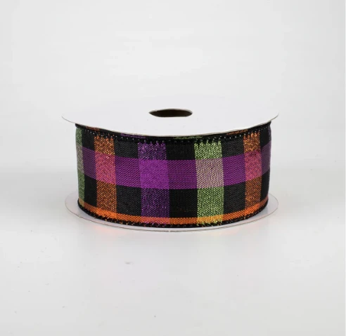 Metallic Halloween Square Check Wired Ribbon 1.5"