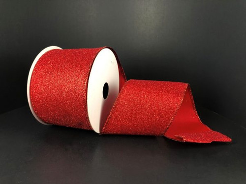 Red Lustrous All Flat Glitter Wired Ribbon 2.5"