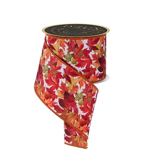 Autumn Maple Leaves Print Wired Ribbon 4"