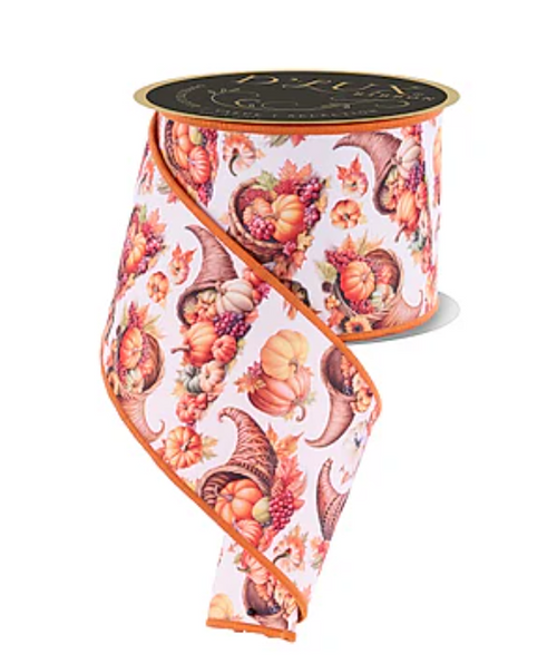 Autumn Cornucopia & Pumpkin Print Wired Ribbon 4"