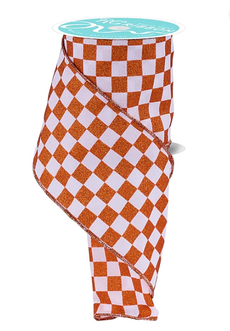Orange Glitter Checkerboard Print Wired Ribbon 4"