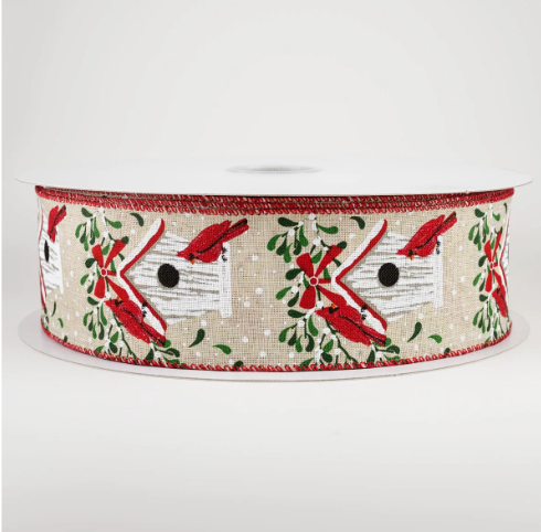 Natural Linen Cardinal Birdhouse Wired Ribbon 2.5" X 100FT