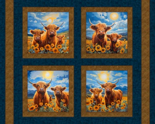 Sunny Highlands Highland Cows & Sunflowers Cotton Fabric Pillow Panel