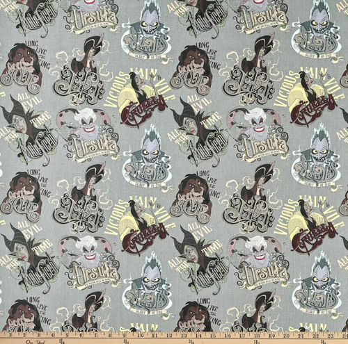 OFFICIAL LICENSED Disney Villains Chalk Gray Cotton Fabric