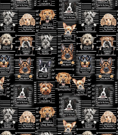 Dogs Rule Funny Dog Mugshots Black Cotton Fabric
