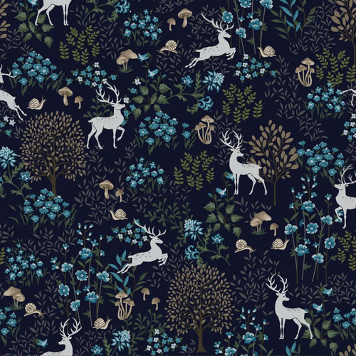 Ashdown Forest Midnight Blue Deer Scenic Cotton Fabric