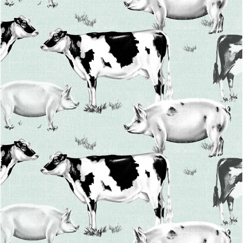 Farm House Cows & Pigs Cotton Fabric