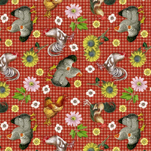 Farmhouse Roosters & Florals Red Gingham Cotton Fabric