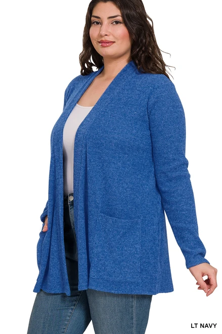 Women's Heathered Ribbed Open Front Cardigan with Pockets