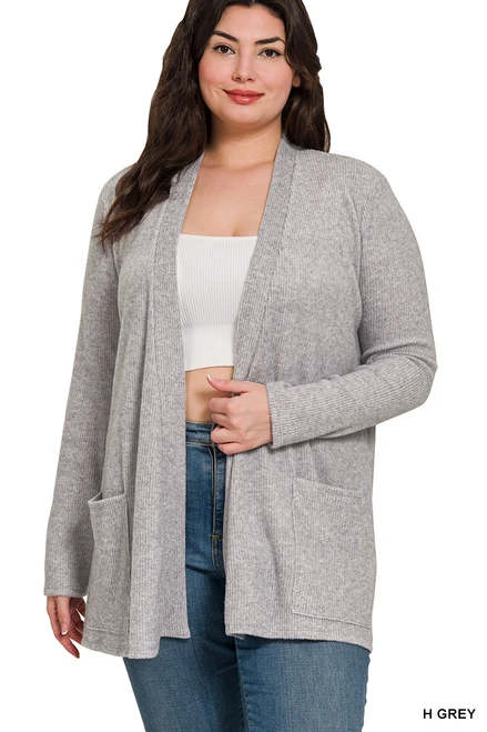 Women's Heathered Ribbed Open Front Cardigan with Pockets