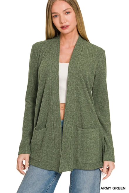 Women's Heathered Ribbed Open Front Cardigan with Pockets