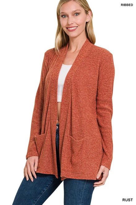 Women's Heathered Ribbed Open Front Cardigan with Pockets