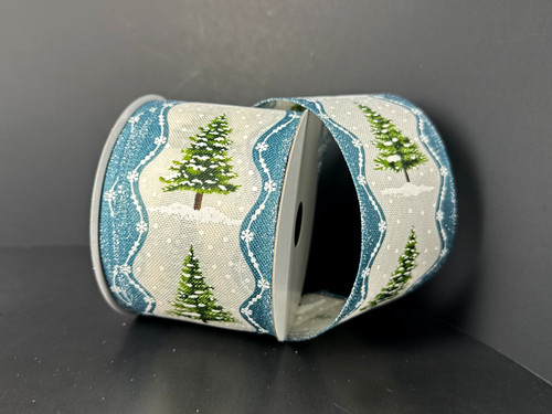 Snowy Pine Tree Blue Wavy Edge Wired Ribbon 2.5 Inch