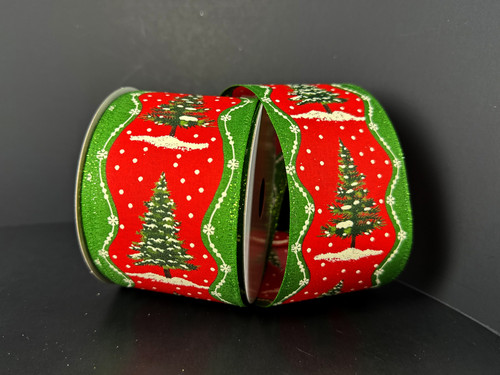 Snowy Pine Tree Green Wavy Edge Wired Ribbon 2.5 Inch
