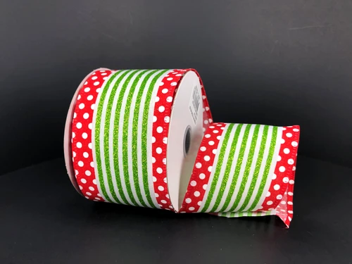 White, Lime, Red Glitter Stripe Polka Dot Edge Wired Ribbon 2.5"