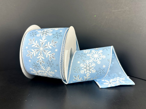 Blue and Silver Glitter Snowflake Wired Ribbon 2.5"