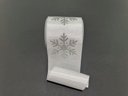 White Silver Snowflake Ribbon - 4" x 10 Yds (Wired)