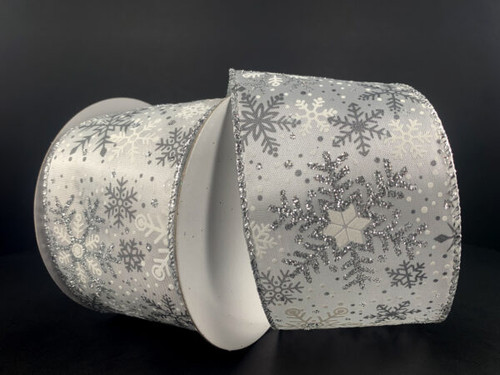 White Silver Snowflake Ribbon - 2.5" x 10 Yds (Wired)