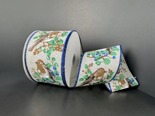Ivory Linen Bird on Berry Branches Ribbon 2.5"