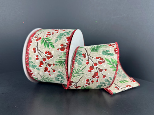 Eucalyptus & Snow Berries Linen Wired Ribbon 2.5"