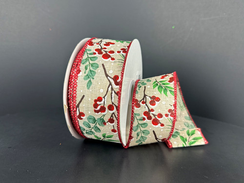 Eucalyptus & Snow Berries Linen Wired Ribbon 1.5"