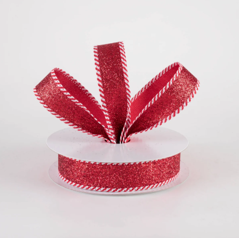 Red Glitter Candy Cane Edge Ribbon 7/8" X 10YD
