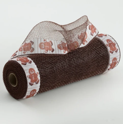 10" Gingerbread Man Fabric Edge Brown Deco Mesh Roll