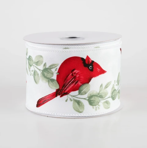 Cardinal on Eucalyptus Wired Edge Ribbon: White 2.5"