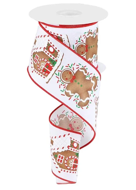 White Gingerbread Man & House Wired Edge Ribbon 2.5"