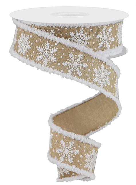 Snowflake & Snow Drift Wired Edge Ribbon: Natural Burlap 1.5"
