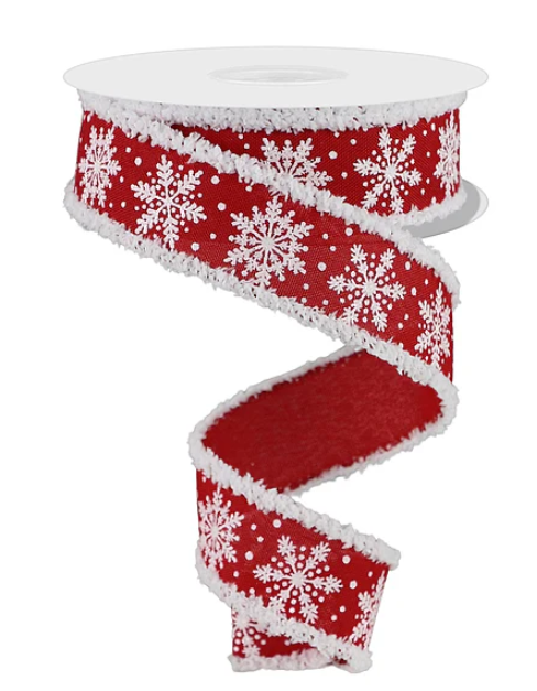 Snowflake & Snow Drift Wired Edge Ribbon: Red 1.5"