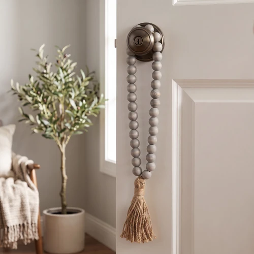 17" Gray Wood Bead Garland with Jute Tassel
